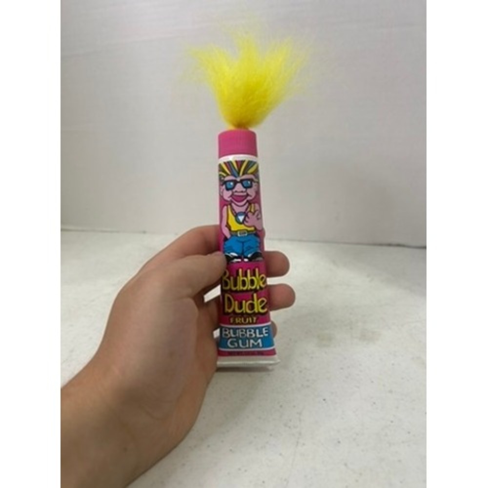 Vintage Bubble Dude Fruit Bubble Gum‎ Tube Yellow Fuzzy Hair Collectible 90s